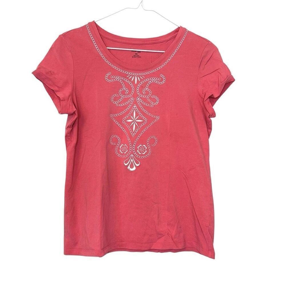 Style & Co. Embroidered Short Sleeve Cotton Blend T-shirt Salmon Petite Small